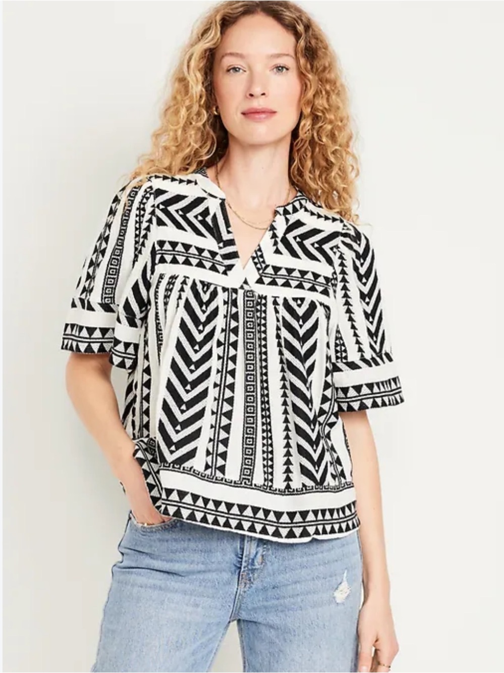Old Navy Black & White Printed Split-Neck Textured Top NWT  Sz Small